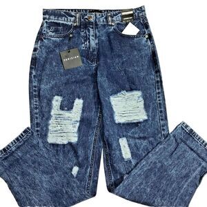 Parisian woman Dark Blue distressed Acid wash Boyfriend Jeans Size 4 ripped NWT